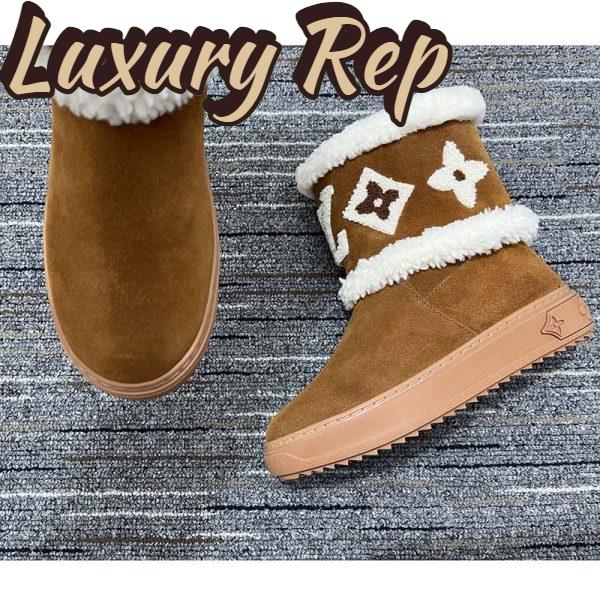 Replica Louis Vuitton Women LV Snowdrop Flat Ankle Boot Brown Suede Calf Leather Shearling Wool 8