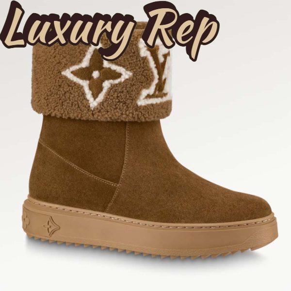 Replica Louis Vuitton Women LV Snowdrop Flat Ankle Boot Brown Suede Calf Shearling Wool