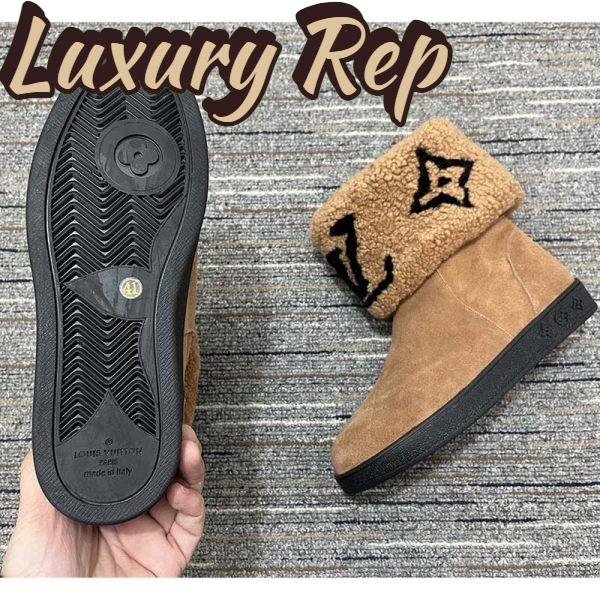 Replica Louis Vuitton Women LV Snowdrop Flat Ankle Boot Brown Suede Calf Shearling Wool 7