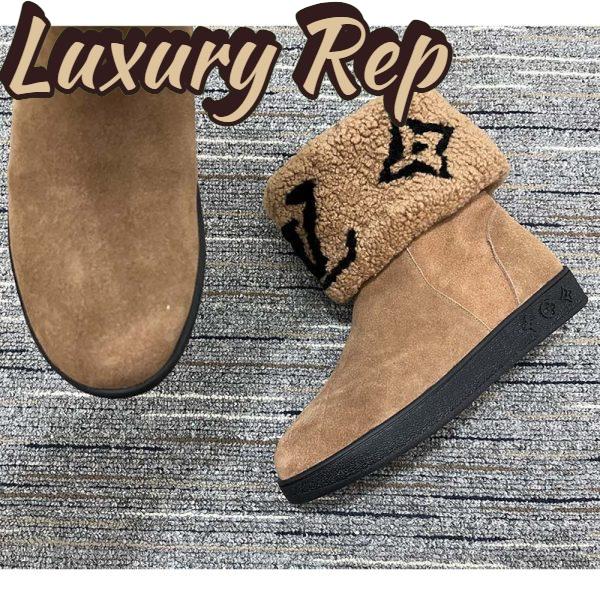 Replica Louis Vuitton Women LV Snowdrop Flat Ankle Boot Brown Suede Calf Shearling Wool 8