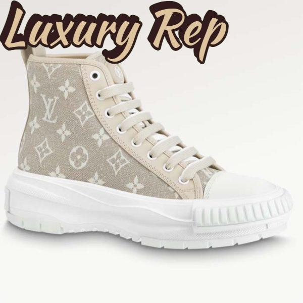 Replica Louis Vuitton Women LV Squad Sneaker Boot Beige Monogram Denim Circle Double Laces