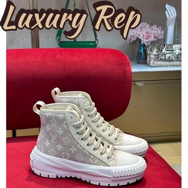 Replica Louis Vuitton Women LV Squad Sneaker Boot Beige Monogram Denim Circle Double Laces 2