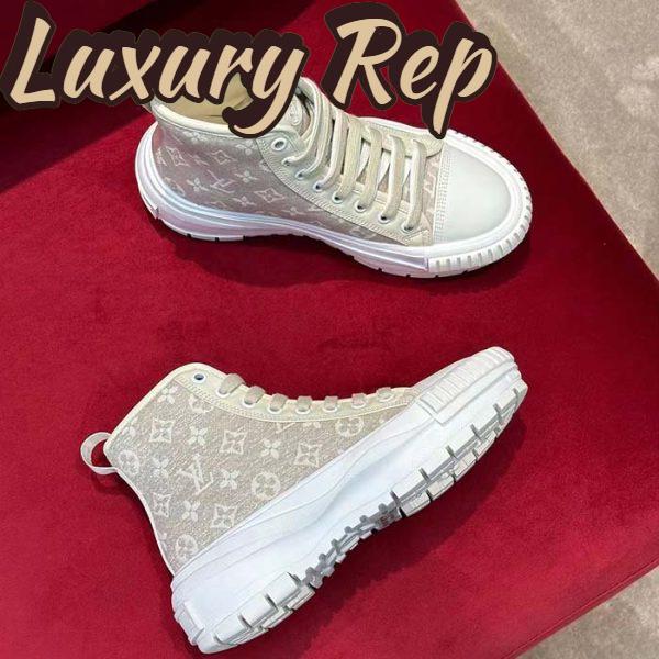 Replica Louis Vuitton Women LV Squad Sneaker Boot Beige Monogram Denim Circle Double Laces 4