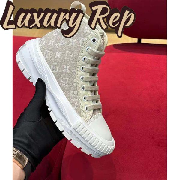 Replica Louis Vuitton Women LV Squad Sneaker Boot Beige Monogram Denim Circle Double Laces 5