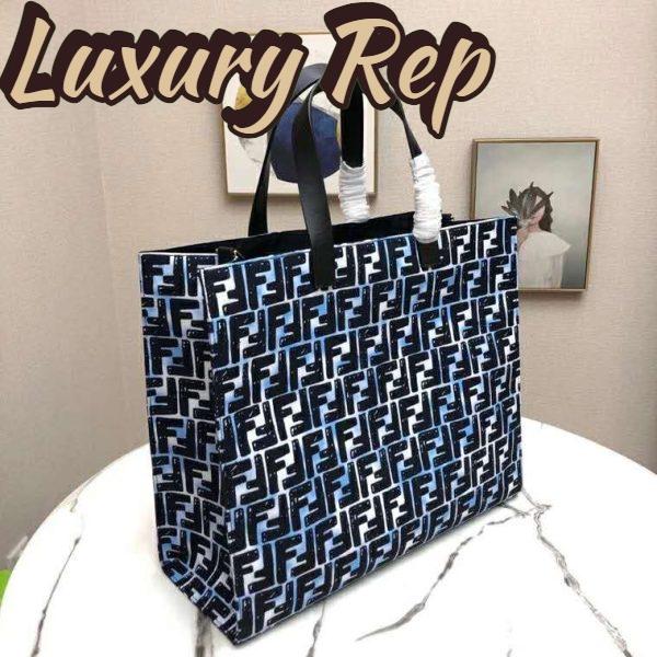 Replica Fendi Women Shopper Bag Blue Glazed Fabric Canvas FF Bag 4