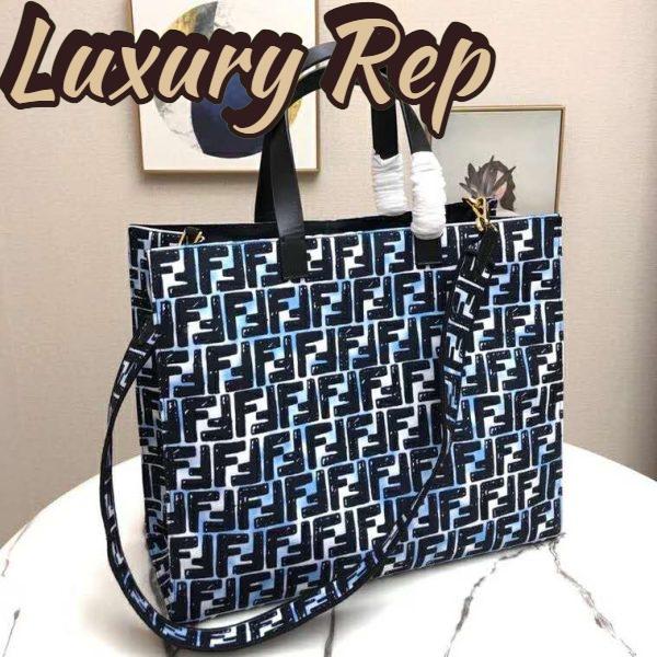 Replica Fendi Women Shopper Bag Blue Glazed Fabric Canvas FF Bag 5