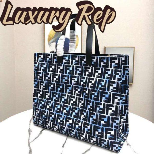 Replica Fendi Women Shopper Bag Blue Glazed Fabric Canvas FF Bag 6