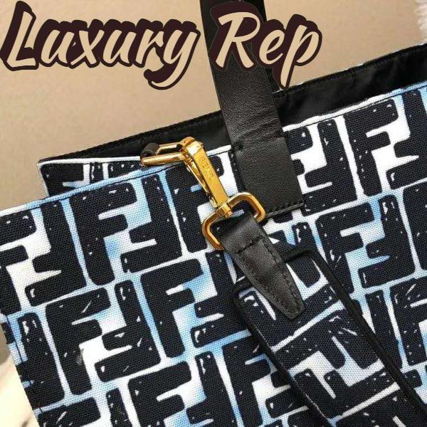 Replica Fendi Women Shopper Bag Blue Glazed Fabric Canvas FF Bag 12