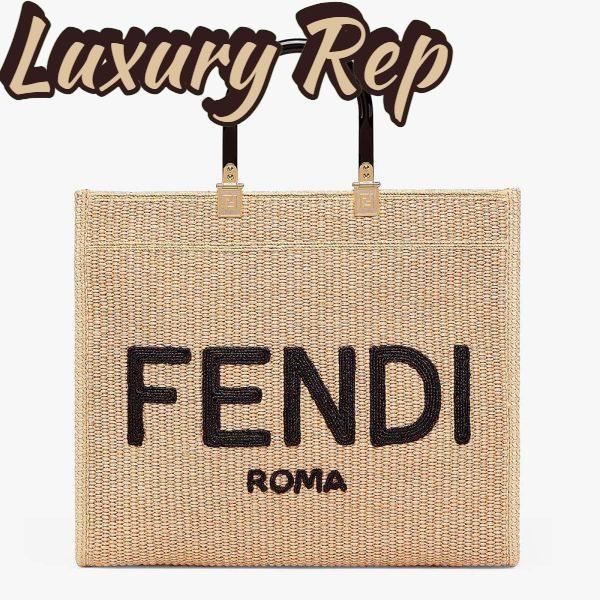 Replica Fendi Women Sunshine Medium Embroidered Straw Shopper