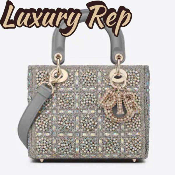 Replica Dior Women Small Lady Dior Bag Gray Smooth Calfskin Satin Bead Embroidery