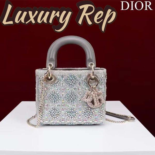 Replica Dior Women Small Lady Dior Bag Gray Smooth Calfskin Satin Bead Embroidery 3