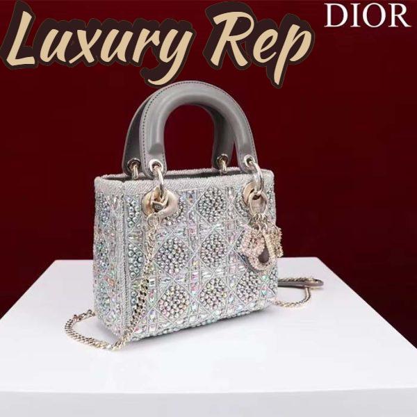 Replica Dior Women Small Lady Dior Bag Gray Smooth Calfskin Satin Bead Embroidery 5