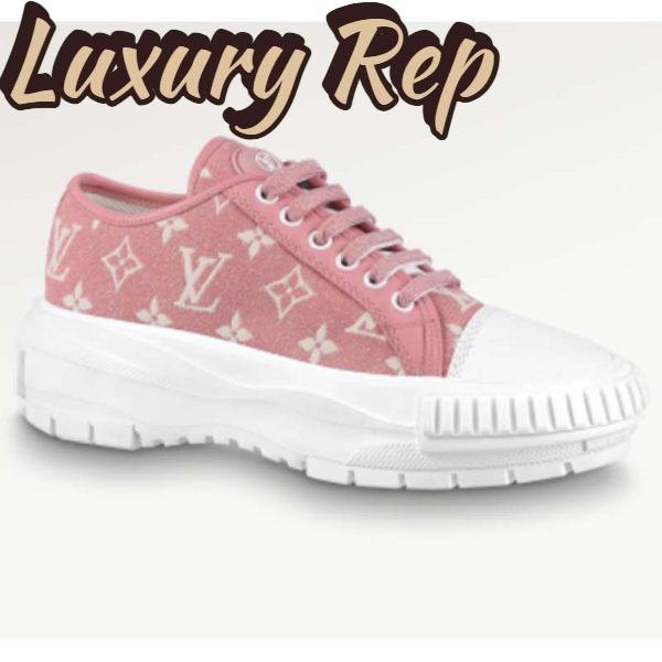 Replica Louis Vuitton Women LV Squad Sneaker Rose Clair Pink Monogram Denim Rubber Circle