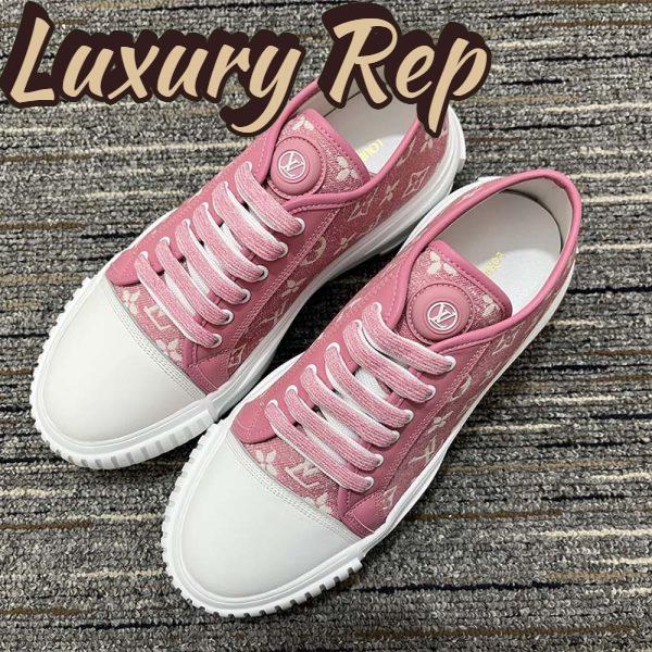 Replica Louis Vuitton Women LV Squad Sneaker Rose Clair Pink Monogram Denim Rubber Circle 4