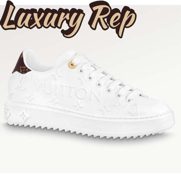 Replica Louis Vuitton Women LV Time Out Sneaker White Debossed Calf Leather Recycled Monogram Nylon