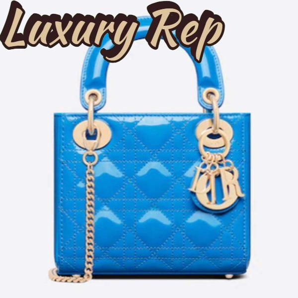 Replica Dior Women Mini Lady Dior Bag Bright Blue Patent Cannage Calfskin