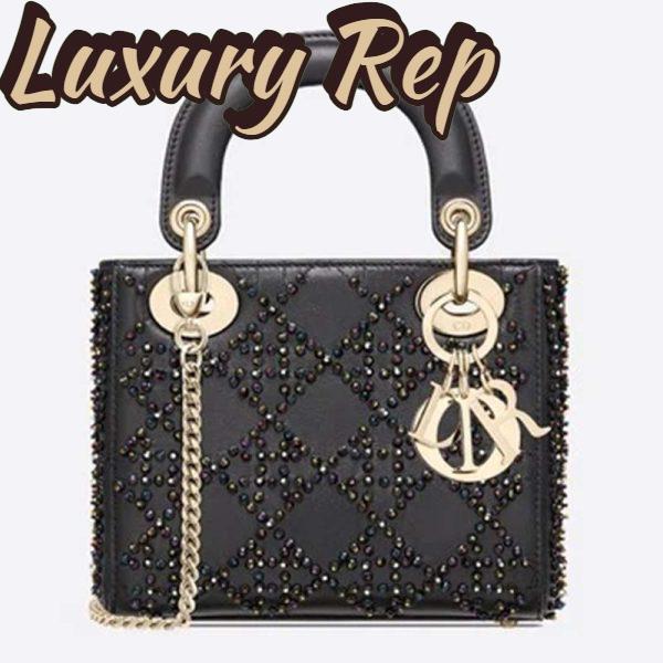 Replica Dior Women Mini Lady Dior Bag Black Calfskin Multicolor Beaded Cannage Embroidery