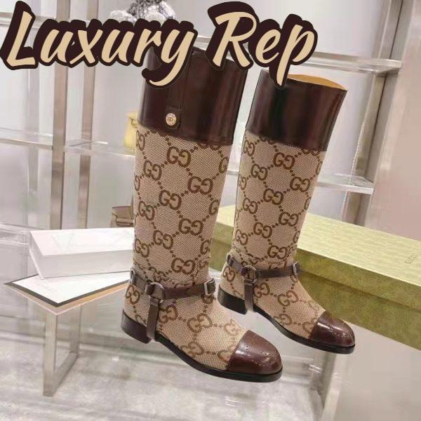 Replica Gucci Women Knee-High Boot Harness Beige Ebony Maxi GG Canvas Interlocking G 2