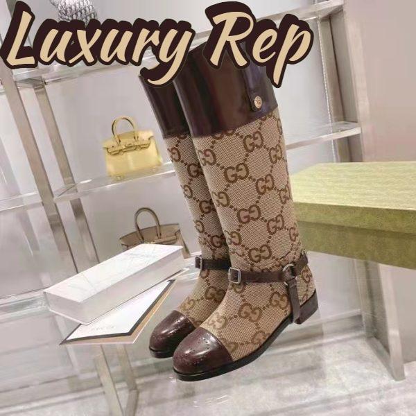 Replica Gucci Women Knee-High Boot Harness Beige Ebony Maxi GG Canvas Interlocking G 4