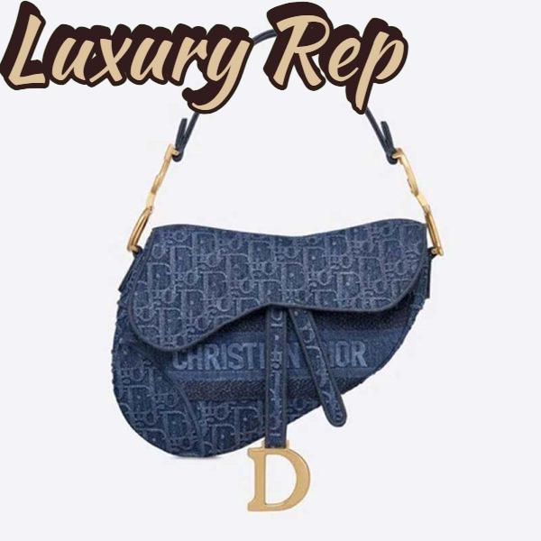 Replica Dior Women Saddle Bag Denim Blue Dior Oblique-Embroidered Canvas 2