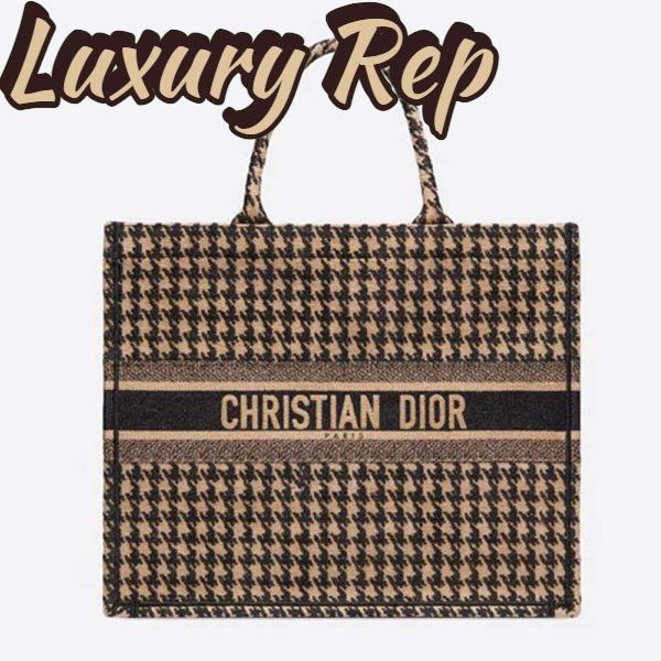 Replica Dior Women Dior Book Tote Black and Beige Houndstooth Embroidery