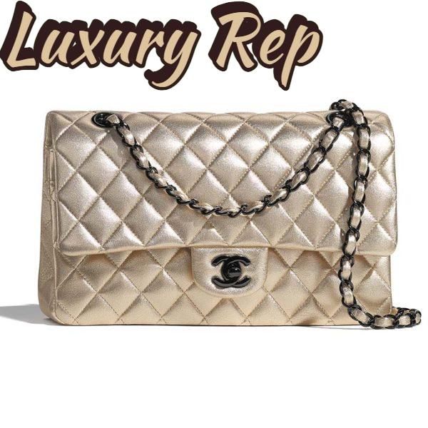 Replica Chanel Women Classic Handbag Metallic Lambskin Black Metal Gold