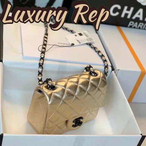 Replica Chanel Women Classic Handbag Metallic Lambskin Black Metal Gold 6