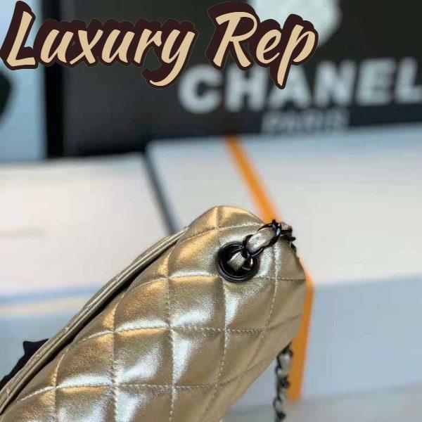 Replica Chanel Women Classic Handbag Metallic Lambskin Black Metal Gold 14