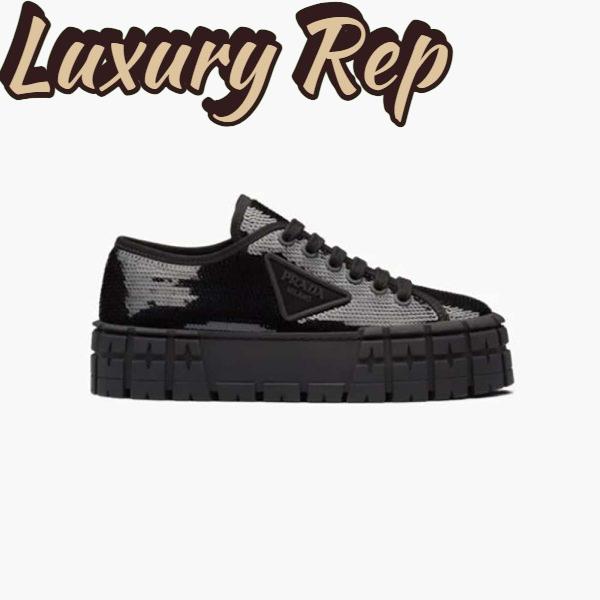 Replica Prada Women Double Wheel Sequin Sneakers-Black