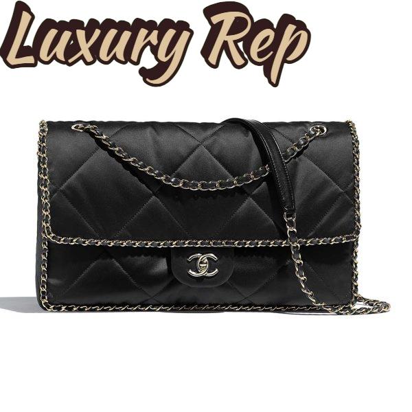 Replica Chanel Women Flap Bag in Satin Leather-Black