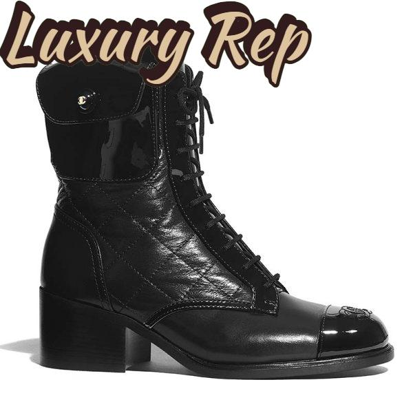 Replica Chanel Women Patent Calfskin & Crumpled Calfskin Ankle Boots-Black