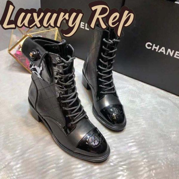 Replica Chanel Women Patent Calfskin & Crumpled Calfskin Ankle Boots-Black 3