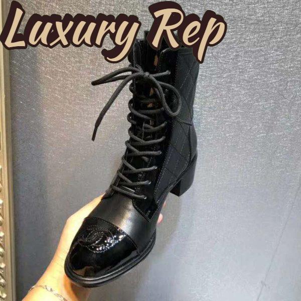 Replica Chanel Women Patent Calfskin & Crumpled Calfskin Ankle Boots-Black 10