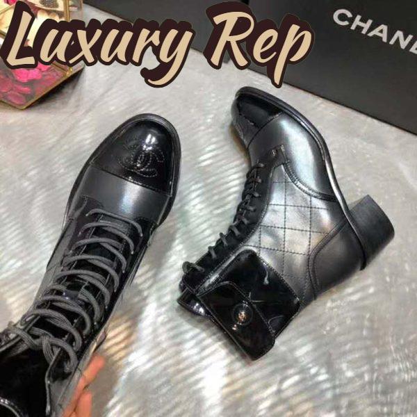 Replica Chanel Women Patent Calfskin & Crumpled Calfskin Ankle Boots-Black 11