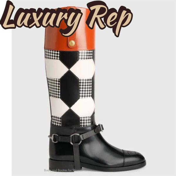 Replica Gucci Women Knee-High Optical Print Boot Black Brown Leather Interlocking G