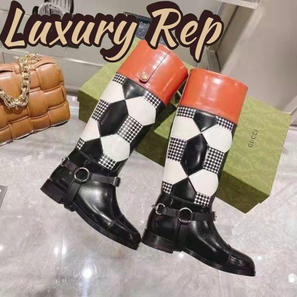 Replica Gucci Women Knee-High Optical Print Boot Black Brown Leather Interlocking G 3