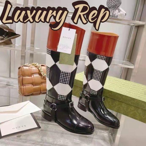 Replica Gucci Women Knee-High Optical Print Boot Black Brown Leather Interlocking G 4
