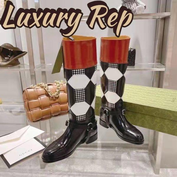 Replica Gucci Women Knee-High Optical Print Boot Black Brown Leather Interlocking G 5