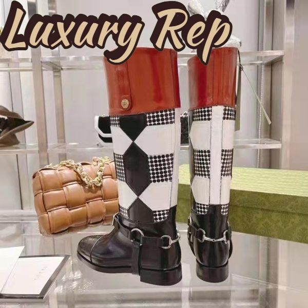 Replica Gucci Women Knee-High Optical Print Boot Black Brown Leather Interlocking G 7