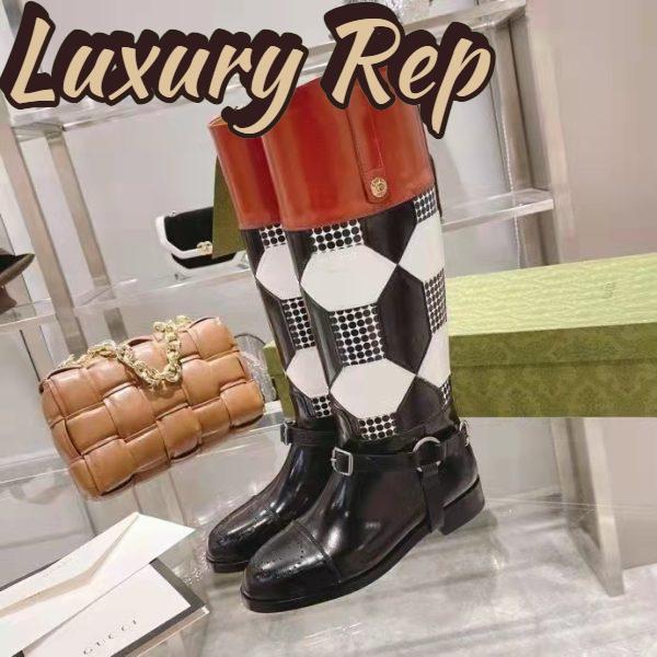 Replica Gucci Women Knee-High Optical Print Boot Black Brown Leather Interlocking G 8