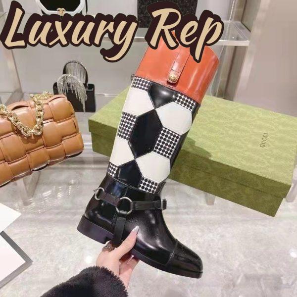 Replica Gucci Women Knee-High Optical Print Boot Black Brown Leather Interlocking G 9