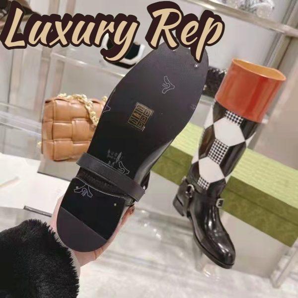 Replica Gucci Women Knee-High Optical Print Boot Black Brown Leather Interlocking G 10