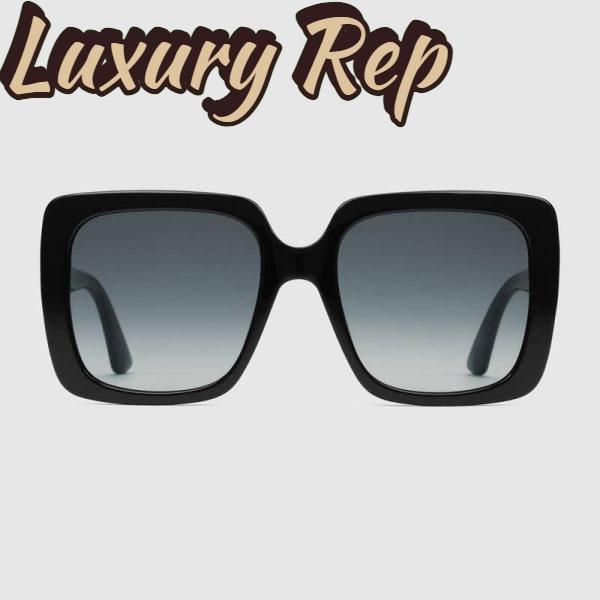 Replica Gucci Unisex Rectangular-Frame Acetate Sunglasses Shiny Black Acetate Temples Crystals