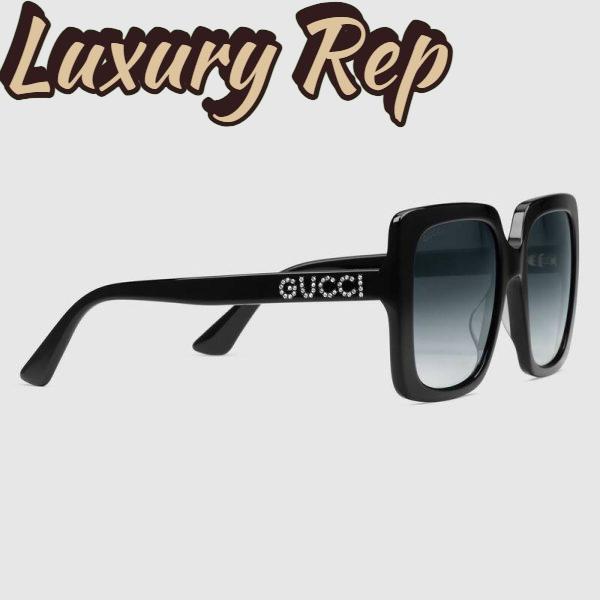 Replica Gucci Unisex Rectangular-Frame Acetate Sunglasses Shiny Black Acetate Temples Crystals 3