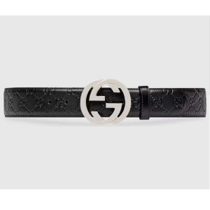 Replica Gucci GG Unisex Signature Leather Belt Black Interlocking G Buckle 3.8 CM Width