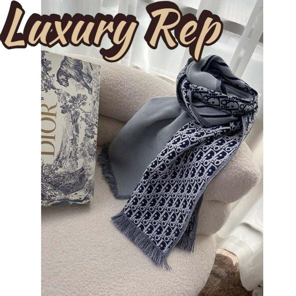 Replica Dior Unisex CD Oblique Scarf Black Gray Wool Fringed Edging Wool 7