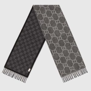 Replica Gucci Unisex GG Jcquard Pattern Knit Scarf Tassels Grey Wool Light Grey GG 2