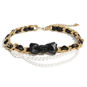 Replica Chanel Women Metal Glass Pearls & Calfskin Gold Pearly White & Black Belt 2