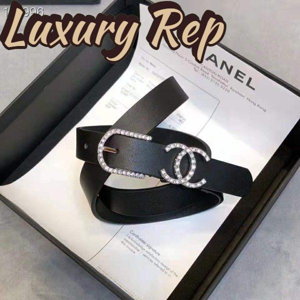 Replica Chanel Women Calfskin & Silver-Tone Metal & Strass Black Belt 3