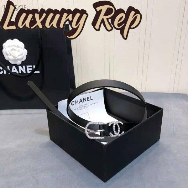 Replica Chanel Women Calfskin & Silver-Tone Metal & Strass Black Belt 4